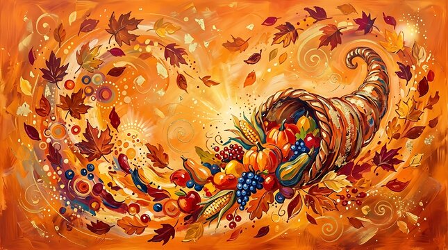 Cornucopia spilling autumn harvest fruits and leaves on orange swirl.
