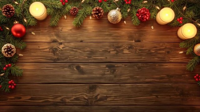 Christmas Decoration Wooden Table with Evergreen Branch, Pine Cone, Ornament Candle Holiday