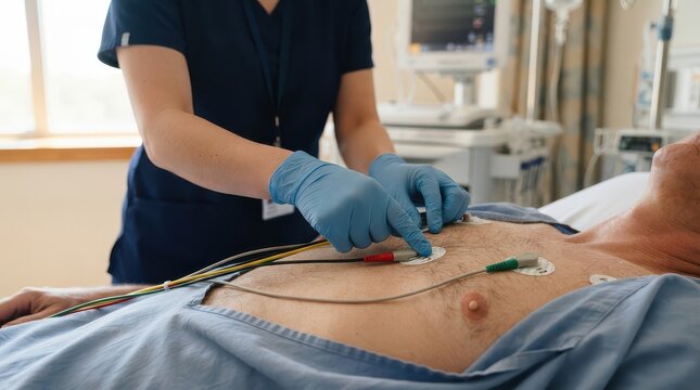 Gloved clinician pressing ECG electrode onto reclining man's bare chest