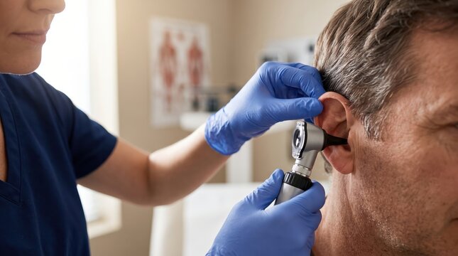 Close view of an otoscope examination of a gray haired man's ear