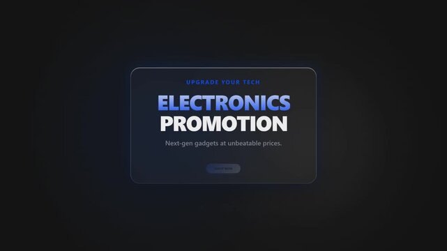 Electronics promotion banner with glowing blue accents, dark gradient background, rounded glass panel, bold technology headline, supporting promotional text, and illuminated shop now button