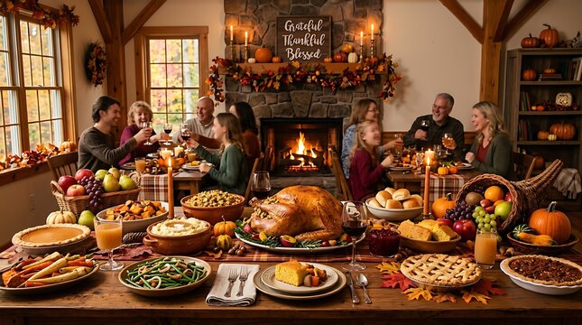 Extended family enjoys traditional thanksgiving feast by fireplace.
