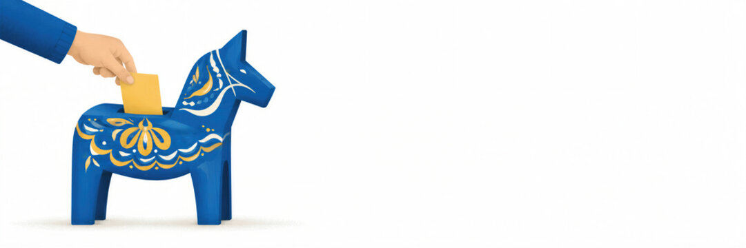 Hand inserts a ballot into a blue Dala horse. White background and copy space frame the Swedish folk symbol. Swedish election and civic democracy concept.