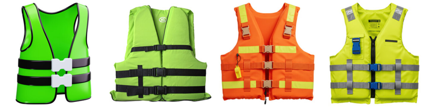 Four different life vests and safety vests isolated on transparent background