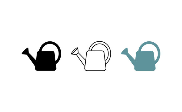 Minimalist watering can icons set, simple garden equipment symbols, flat vector illustration of watering pot for plants