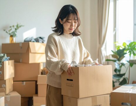 年末に荷物を整理する30代日本人女性
