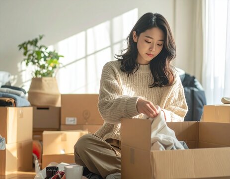 年末に荷物を整理する30代日本人女性