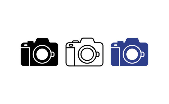 Minimalist camera icon set, digital photography symbol collection, black and blue DSLR camera vector graphic for UI design