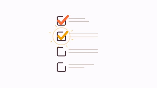 Checklist animation with four boxes ticked by colorful orange, yellow, pink and green check marks on white background

