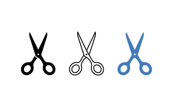 Minimalist scissors icon set, black and blue shear symbols, simple line and solid cutting tool graphic elements for design