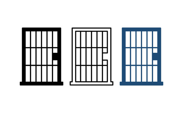 Prison bars icon set in flat vector style, jail cell door symbols for justice and law concepts, isolated security gate graphics on white background