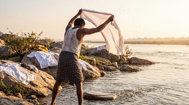 Traditional dhobi washerman slapping wet cloth on riverbank stone back view action lifestyle