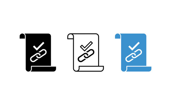 Smart contract icon set, digital blockchain agreement symbols, secure hyperlink and verified document web elements on white background