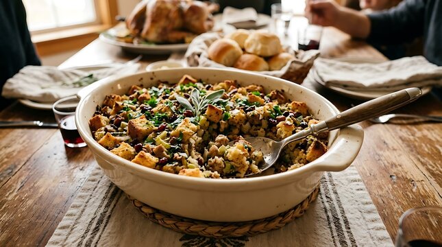 Rustic stuffing dish with herbs and cranberries on wooden dinner table.