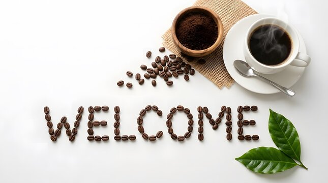 Welcome Message Spelled with Roasted Coffee Beans with Steaming Coffee Cup, Ground Coffee Bowl, and Fresh Green Leaves Top View Flat Lay