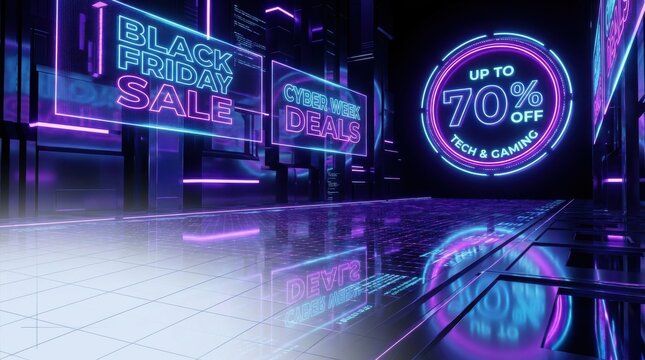 Black Friday Sale Signage with Neon Lights and Promotional Discounts. Dynamic Digital Display with up to 70% Off and a Vibrant, Futuristic Aesthetic.