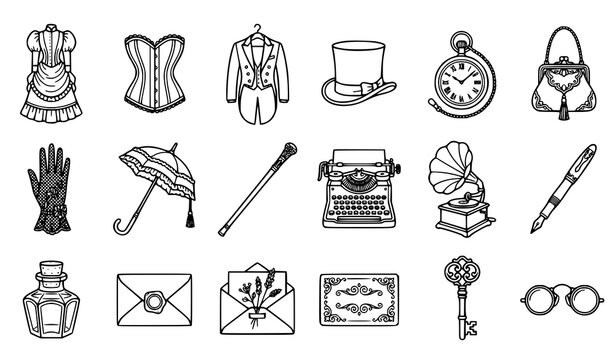 Victorian Era Antique 19th Century Lifestyle Thin Line Icon Set