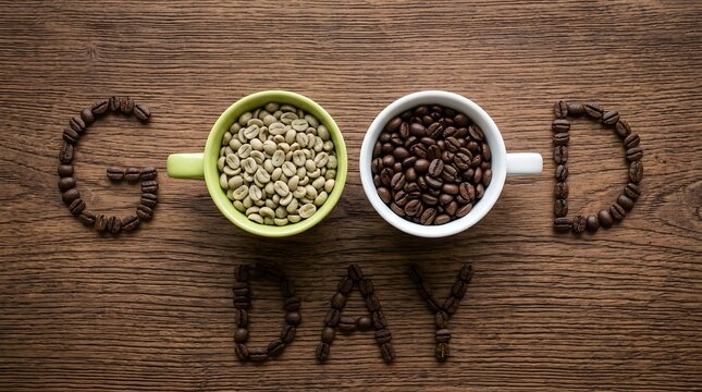 Good Day Message Spelled with Roasted Coffee Beans and Two Cups of Raw Green and Roasted Beans on Wooden Table Top View Flat Lay Concept
