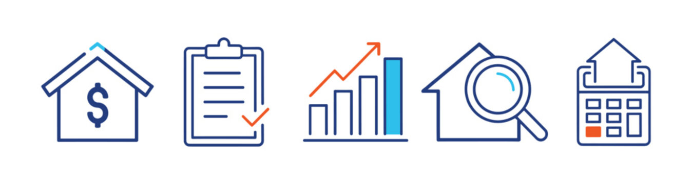 Property finance icon set with mortgage calculator and house survey