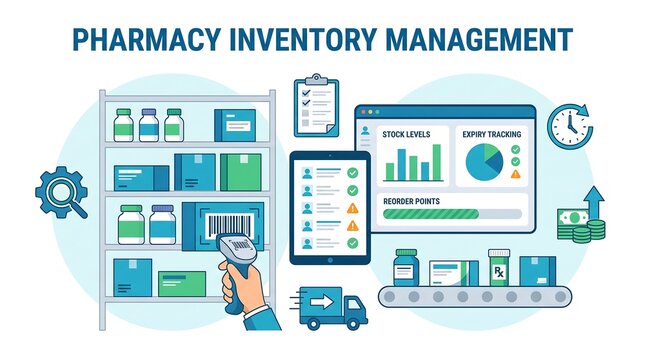 Pharmacy inventory management system with barcode scanner and shelf levels