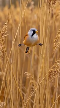 A Bearded Tit perched on dry reeds in a marshland
