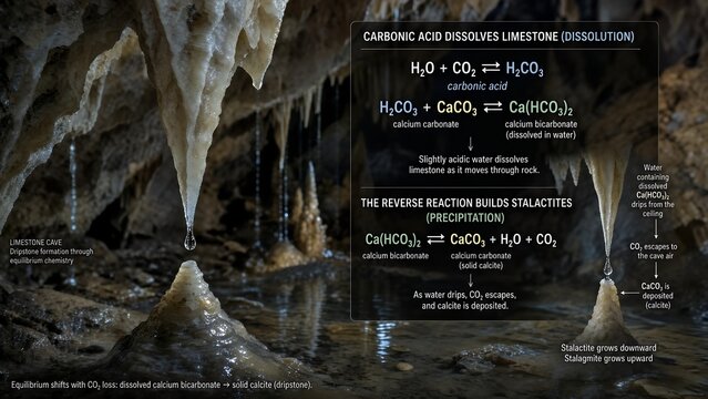Natural limestone stalagmite cavern scenery, accompanied by an educational inset detailing h2co3 dissolving caco3 into calcium bicarbonate, chemical equilibrium, and dripstone