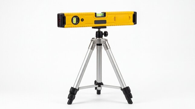 Yellow laser spirit level tool mounted on metal tripod stand for professional construction on white background