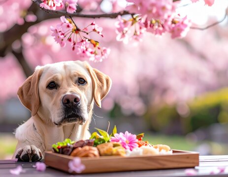 Labrador Retriever trying to sneak a look at a hanami picnic bento on a low table