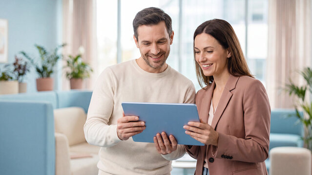 Colleagues walking together down a modern office hallway while discussing project data displayed on a digital tablet computer held in their hands.