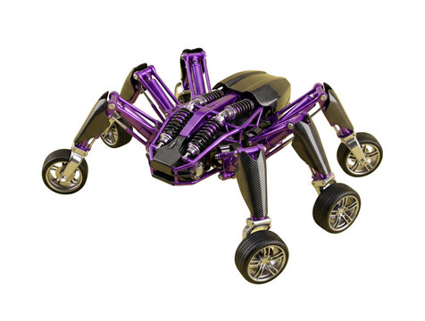 Futuristic robotic spider vehicle featuring purple metallic chassis, carbon fiber panels, and wheeled legs isolated on solid black background.
