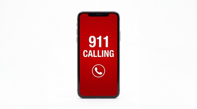Modern smartphone displaying emergency 911 calling interface on a vibrant red screen isolated on white background