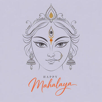 Minimalist goddess durga face line art with third eye and jewelry celebrating mahalaya and durga puja spiritual bengali festival devotional greeting design