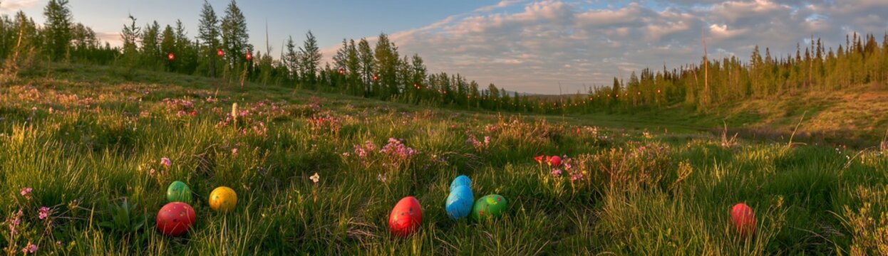 Christmas lanterns in deep mountain valley meadow