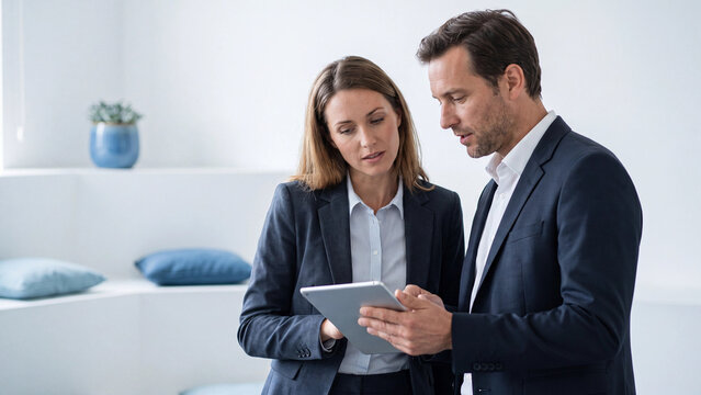 Business team members analyze digital information on a touch screen tablet during an informal meeting in a bright minimalist office.