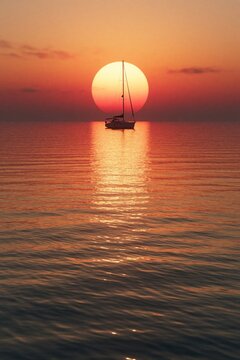 Lone sailboat silhouette floats on calm sea during orange sunset. Large sun sits low on horizon reflecting light on water. Peaceful maritime scene with red sky, quiet ocean waves. Perfect backdrop