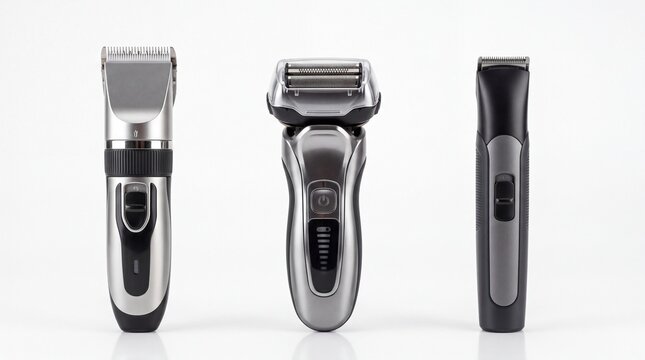 Modern electric grooming shavers and hair clippers arranged neatly in a row on white background