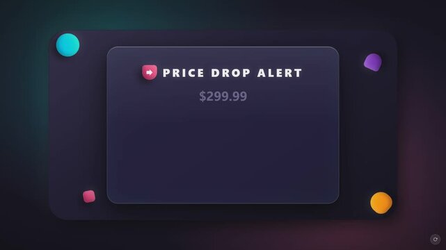 Price drop alert promotion animation featuring a glowing dark card, reduced price from two hundred ninety nine to one hundred forty nine, colorful accents and a shop now button for online shopping