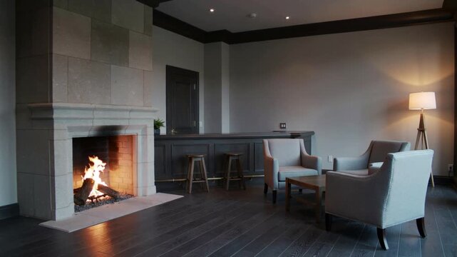 Firelight flickering in an empty lounge bar with upholstered seating