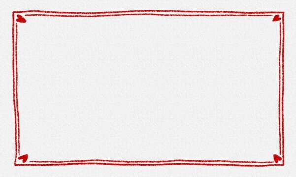 hand painted red line border with corner hearts, simple hand drawn rectangular frame, Valentine heart corner motifs, blank white paper texture background, minimal romance copy space 