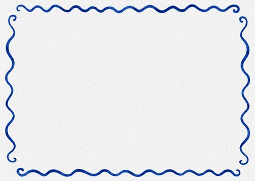 hand painted blue wave line border design, hand drawn squiggly wavy border rectangular frame, minimal blue decorative edge, blank white paper texture background with center copy space 