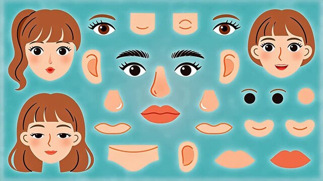 Collection of cartoon facial parts including eyes noses and mouths on gray background