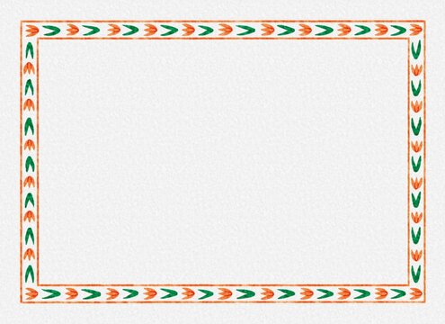 hand painted orange and green arrow motif border, hand drawn geometric chevron pattern rectangular frame, ethnic folk pattern border, white paper texture background with center copy space  