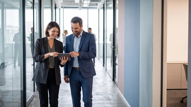 Corporate partners smiling while walking through a bright office hallway and looking at content on a handheld digital tablet device.