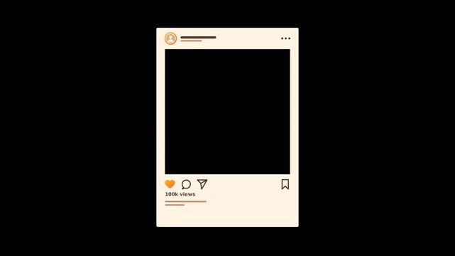 Social media post frame with blank photo area, like, comment and share icons and 100k views on black background
