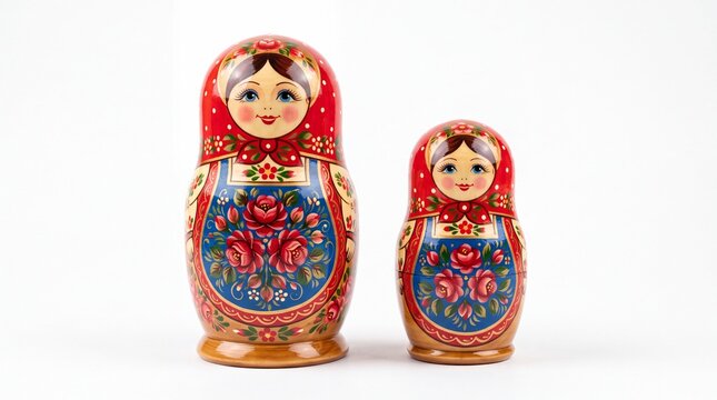 Traditional wooden Matryoshka Russian nesting dolls painted with colorful floral patterns standing on white background