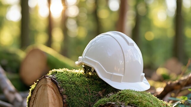 A protective helmet rests on a mosscovered log in a sunlit forest.
