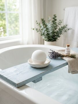 Relaxing Bath Time Scene with Bath Bomb and Lavender.