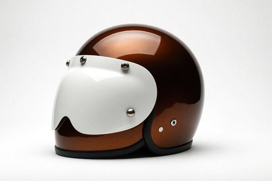 Brown vintage style motorcycle helmet with white visor. Classic protective gear for road safety, cafe racer style headgear for bikers. Retro transport accessory.