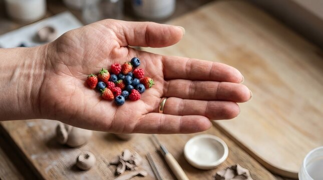 Miniature polymer clay berries in a crafter hand