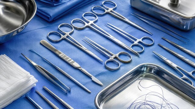 Surgical instruments lie on a blue operating drape. Forceps, clamps, trays, gauze, and suture thread fill the clinical scene. International Day of the Surgeon concept.